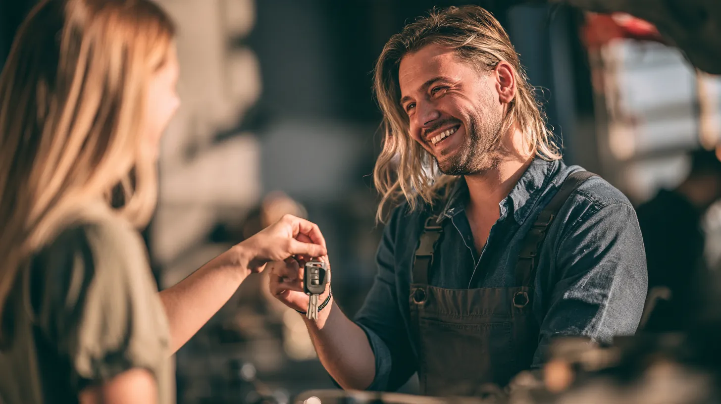 Auto mechanic in his 40s handing car keys back to a customer after a repair paid with a $1,000 loan