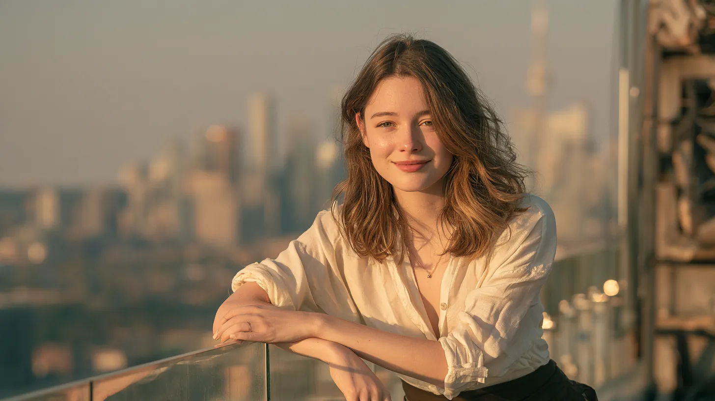 Woman in her 20s leaning on a rooftop terrace railing above the city skyline after planning a $1,500 loan