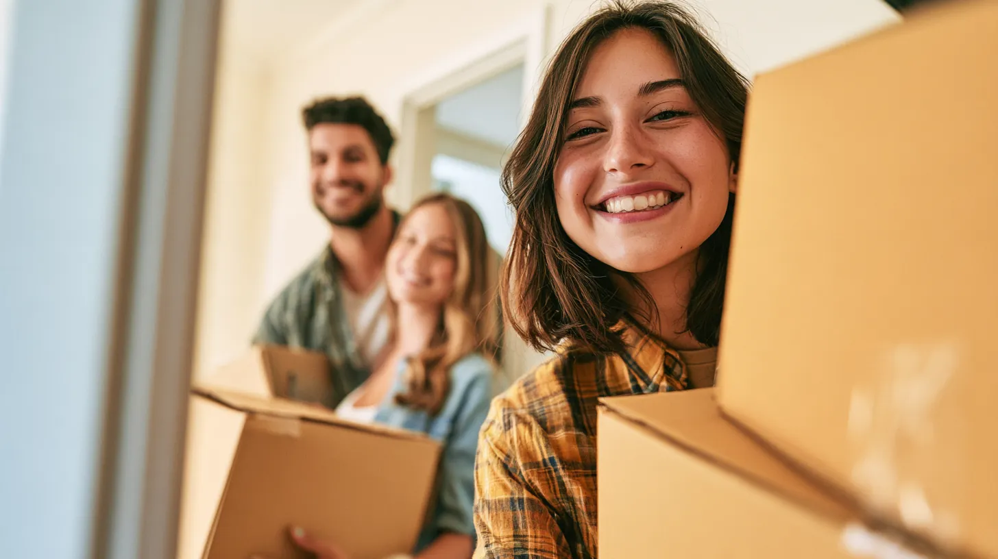 Young couple carrying moving boxes into a bright new apartment funded with a $2,000 loan