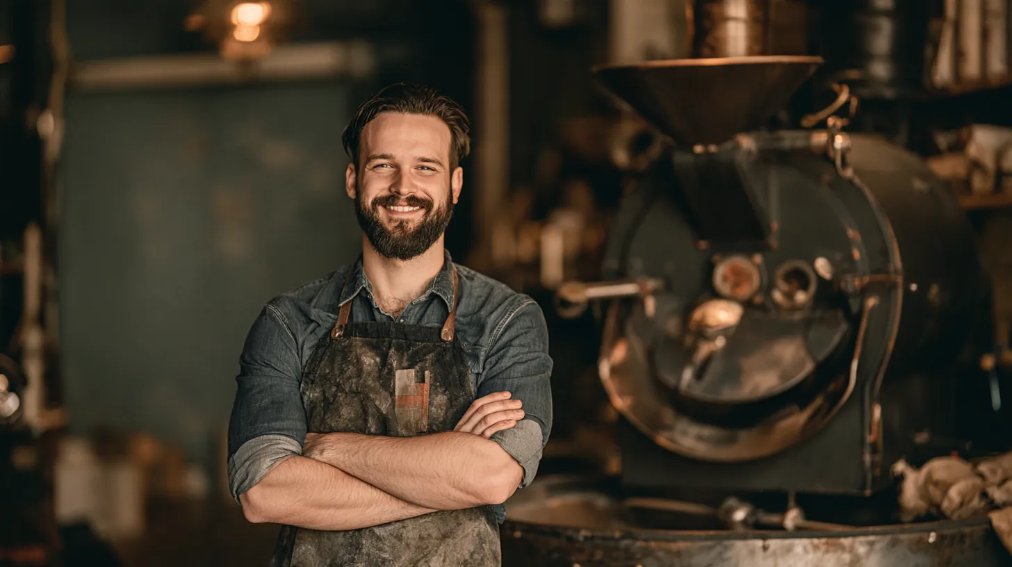 Coffee roastery owner in his 30s with arms crossed beside his roasting machine after weighing a $5,000 loan