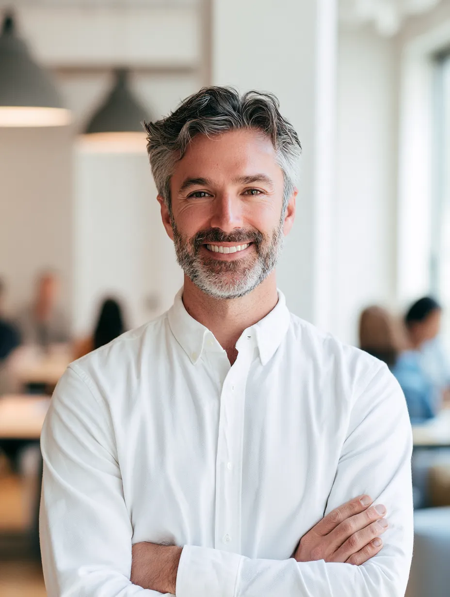 Portrait of a man in his 40s wearing an oxford shirt in a bright office