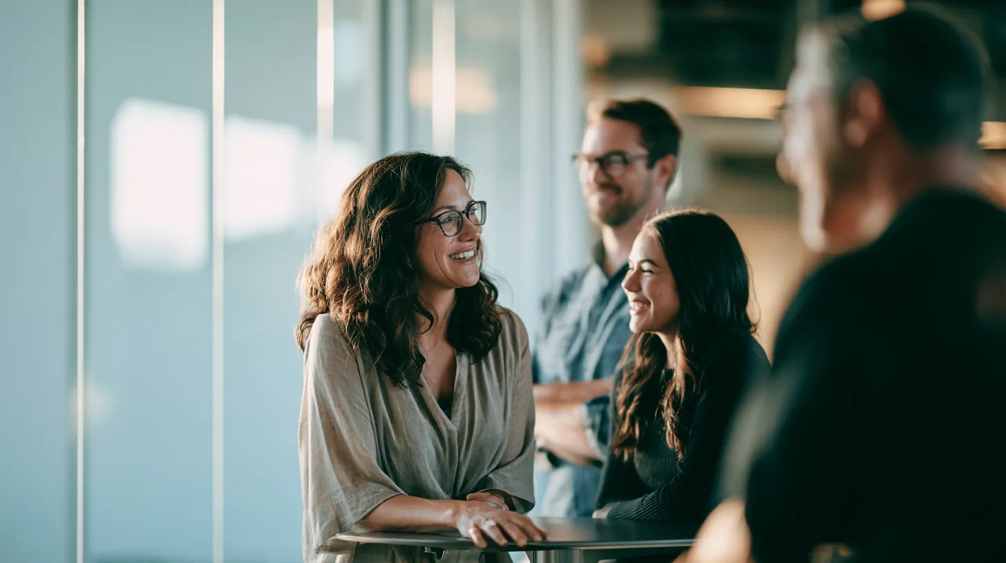 Small team of three laughing around a standing table in a bright coworking studio