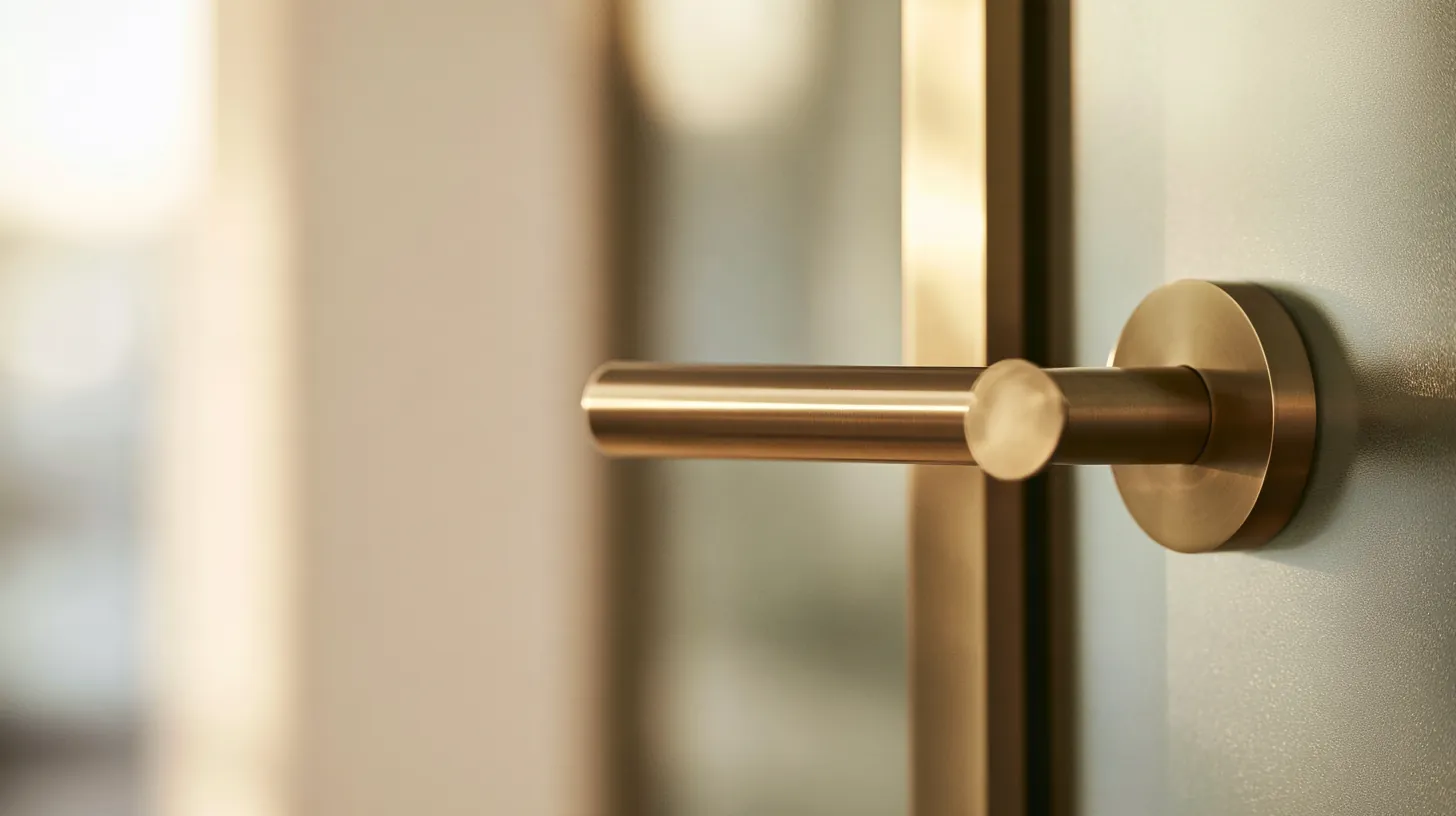 Close detail of a brass handle on a frosted glass door