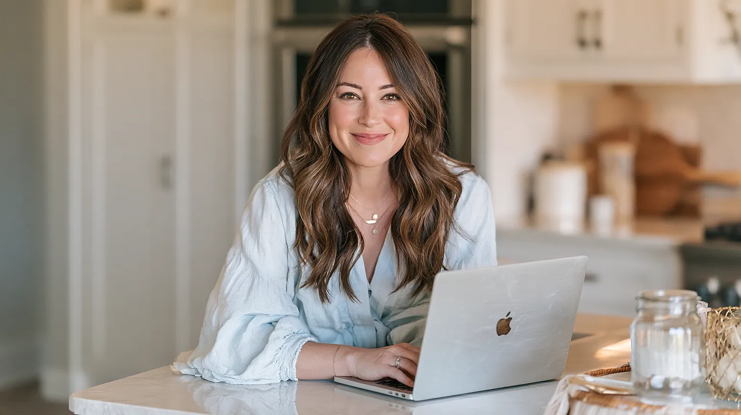 Woman in her thirties typing on a laptop at a bright kitchen island while filling out a lendgo loans request
