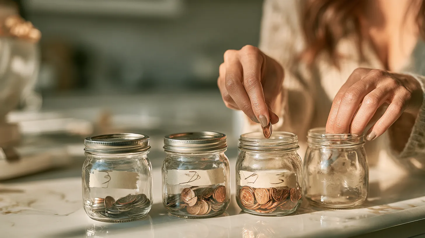 Hands dropping coins into labeled glass jars on a kitchen counter while budgeting with a lendgo loans calculator