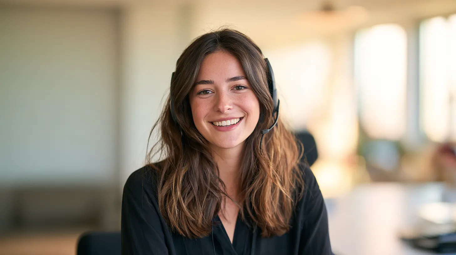 Woman in her 30s wearing a slim headset and smiling at a bright desk