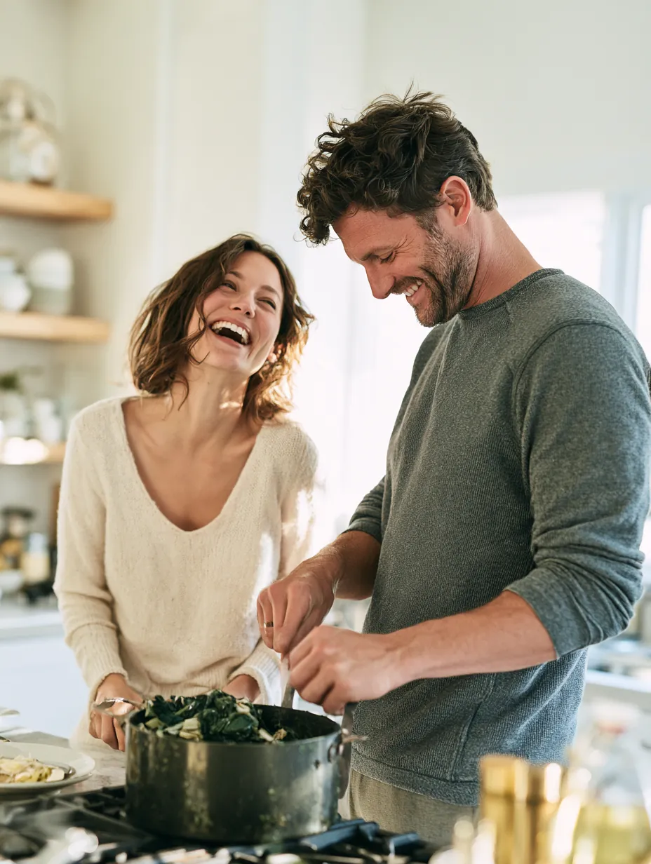 Couple in their 30s cooking dinner together at home after setting up one fixed payment for their combined card debt