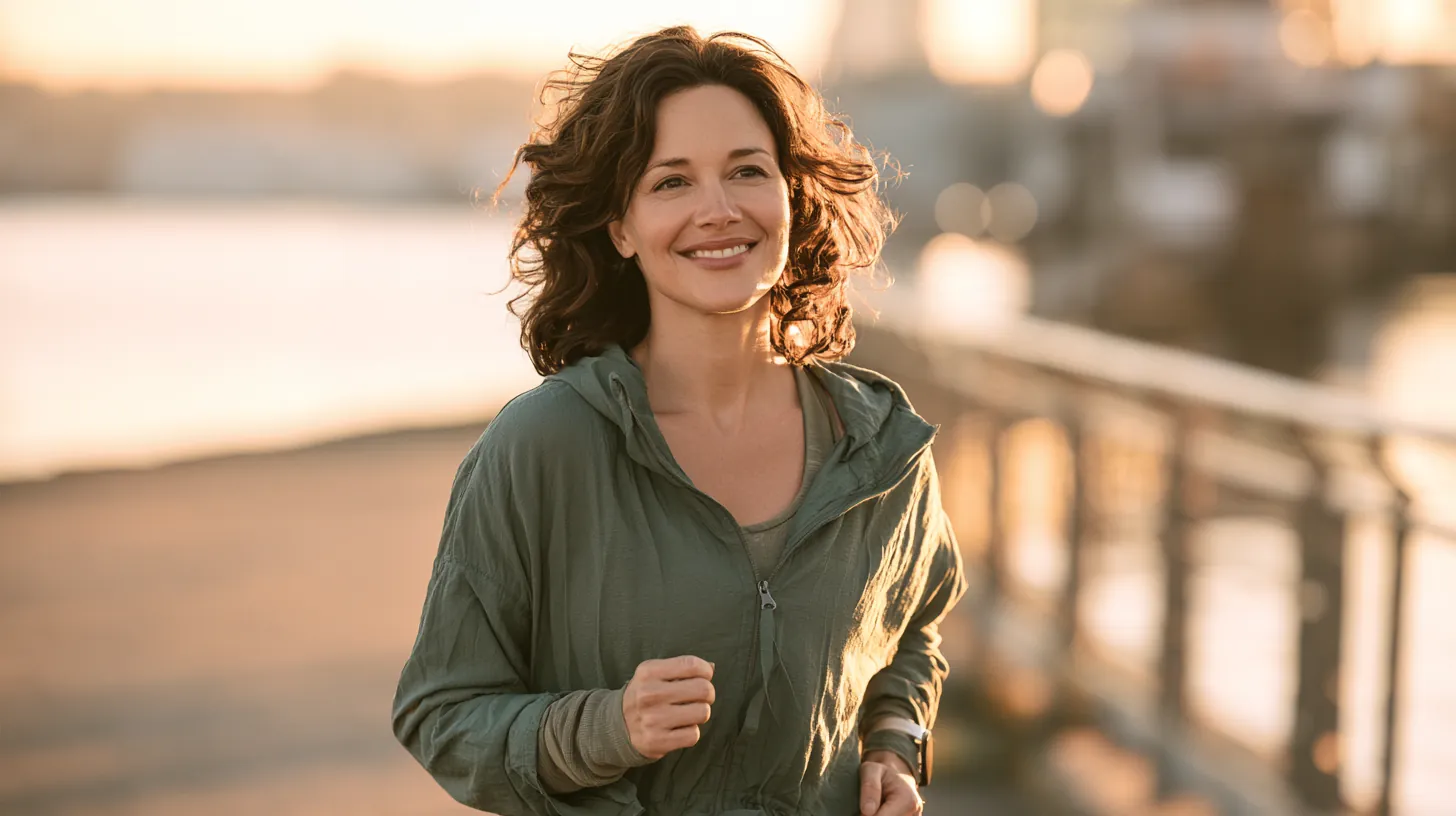 Woman in her 40s jogging on a riverside path at sunrise after mapping out lendgo loans to consolidate her card balances