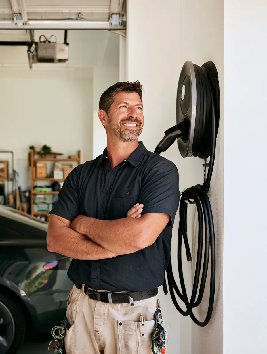 Electrician installing an EV charger on a garage wall