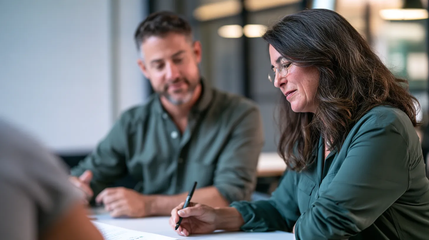 A woman in her 50s and a man in his 30s reviewing a short lendgo loans eligibility checklist at a bright table