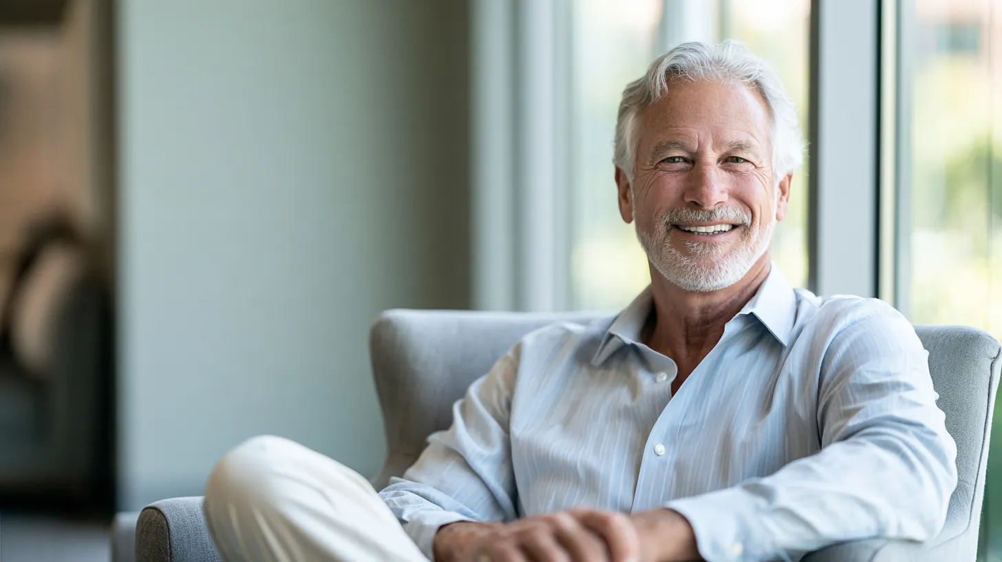 A man in his 60s smiling in a modern armchair by a window after reading the lendgo loans FAQ