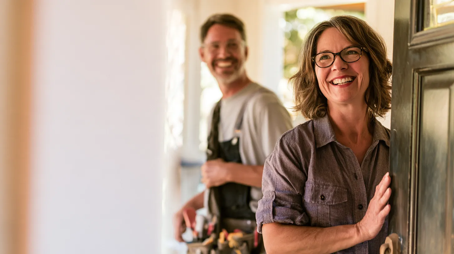 Woman opening her front door to greet a handyman arriving for a repair job