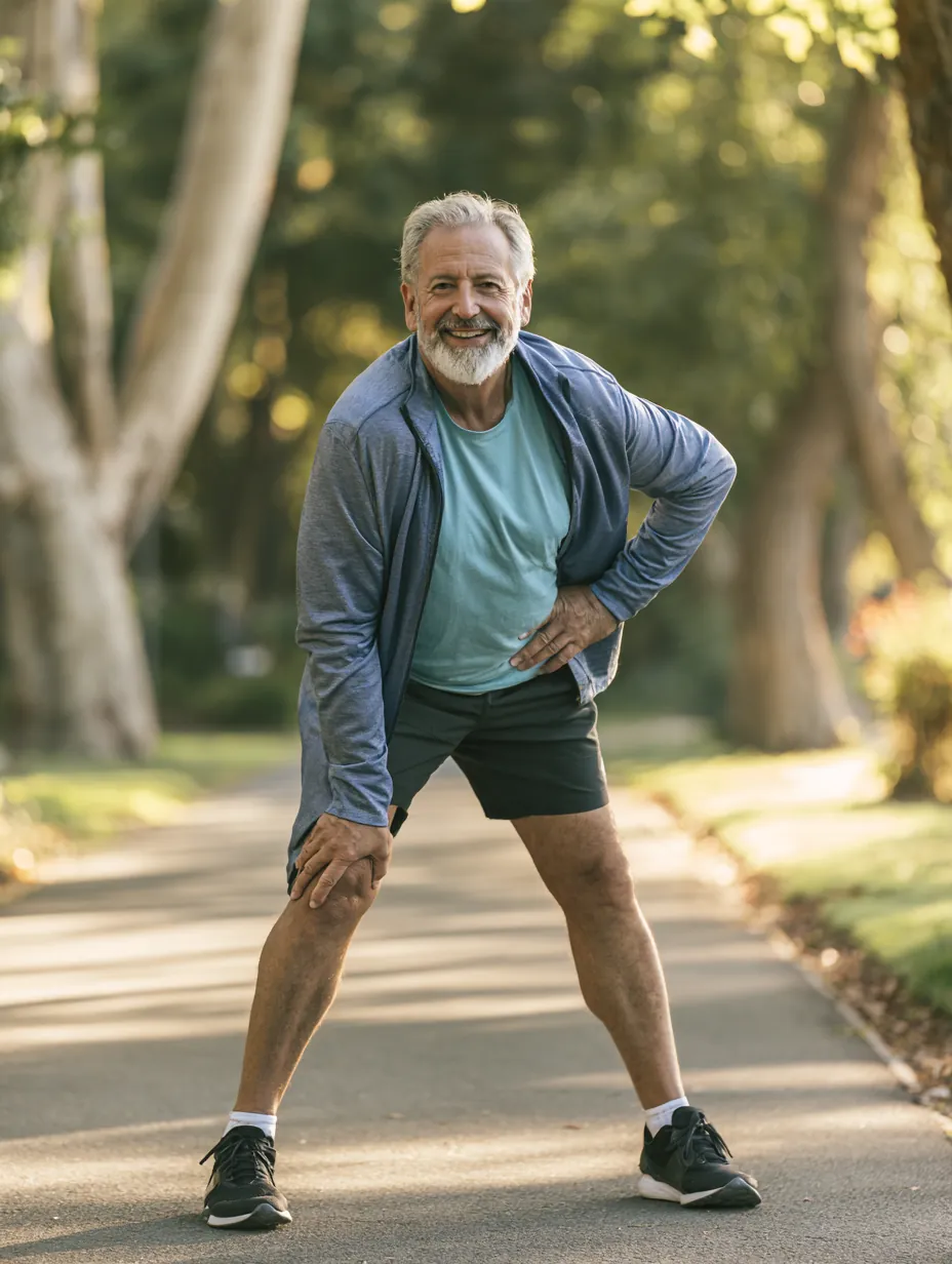 Man in his 60s stretching on a tree-lined park path while planning how to repay a small personal loan