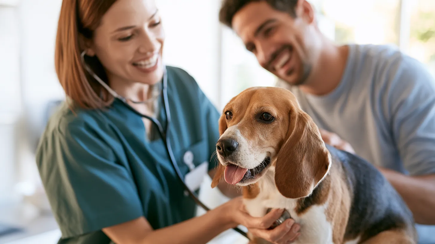 Woman veterinarian checks a beagle with a stethoscope while the smiling owner looks on, the kind of visit that leads people to lendgo loans