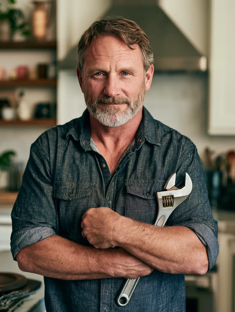 Plumber in his 50s holding a wrench in a kitchen while explaining the cost of replacing a broken water heater