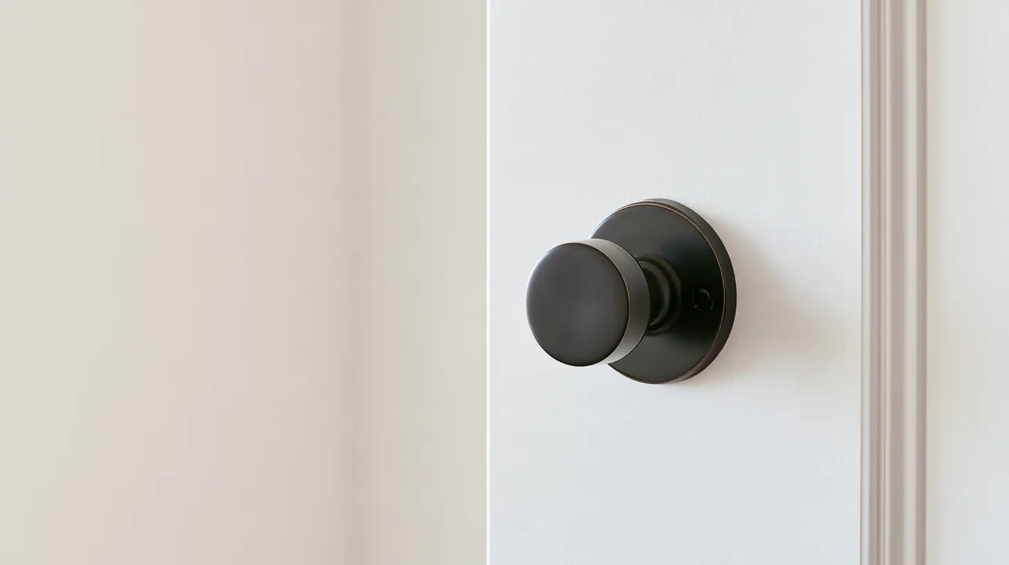 Close detail of a matte black deadbolt on a white front door