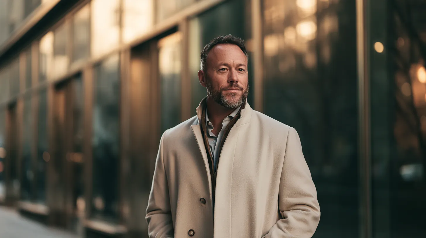 Man in his forties wearing a light overcoat walks past downtown glass storefronts, thinking over lendgo loans rates