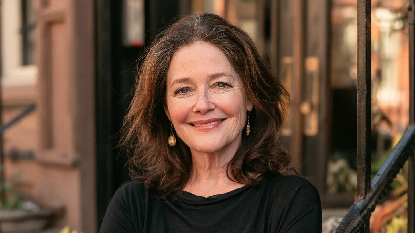 Smiling woman in her sixties outside a modern brownstone entrance after reading a lendgo loans review