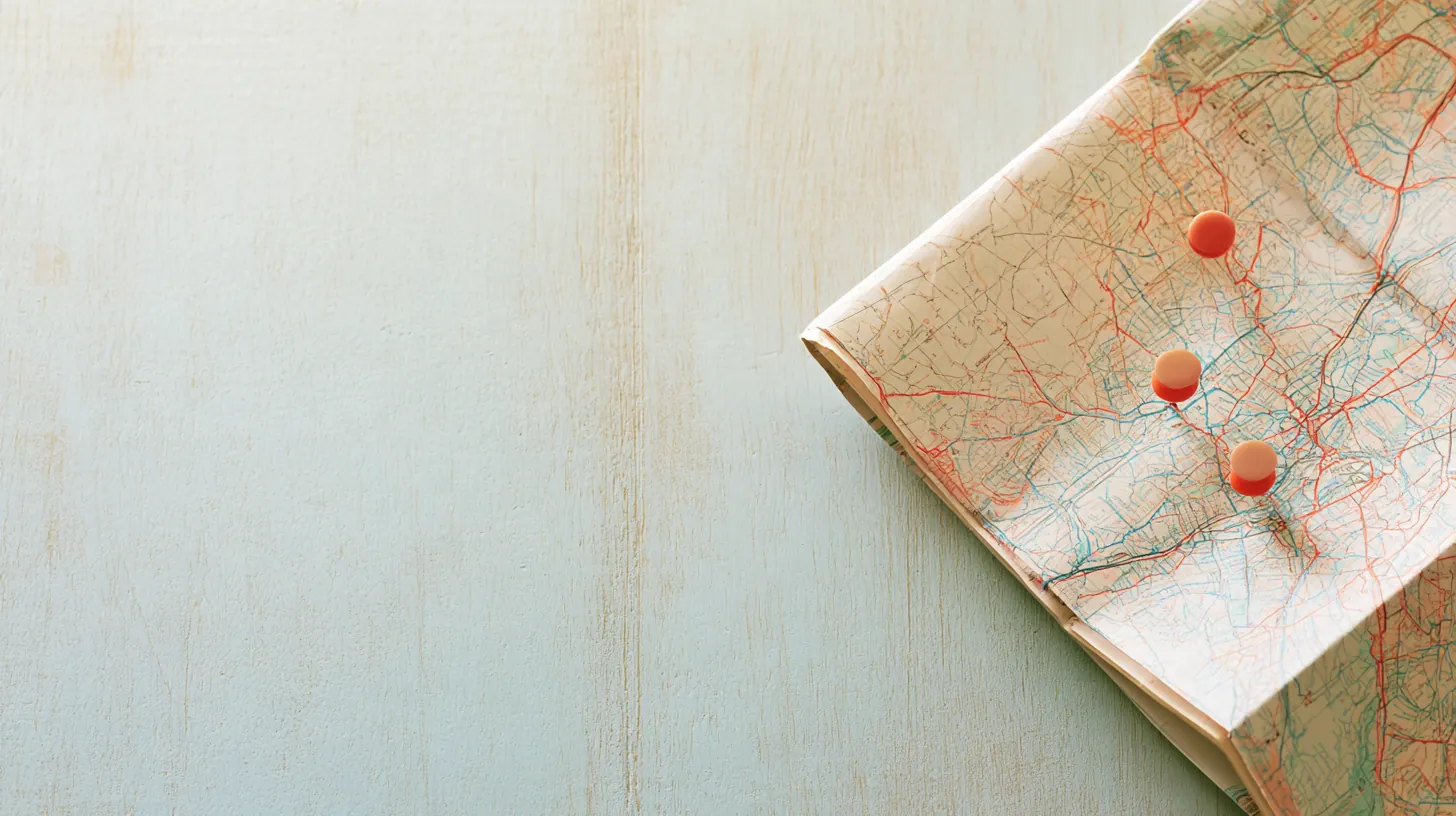 Folded paper city map with three round pins on a pale wood surface