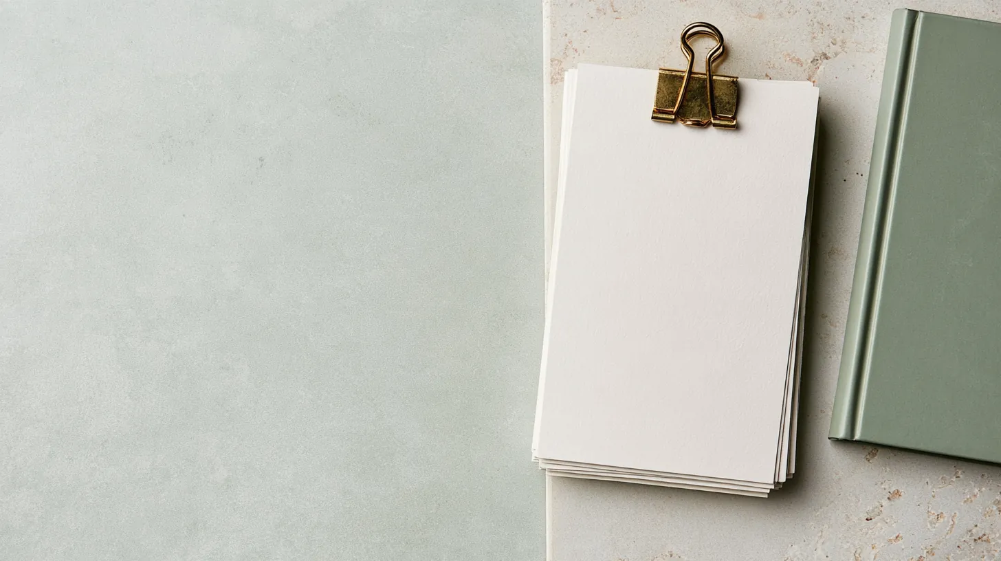 Neat stack of blank paper held by a brass binder clip beside a sage-green notebook