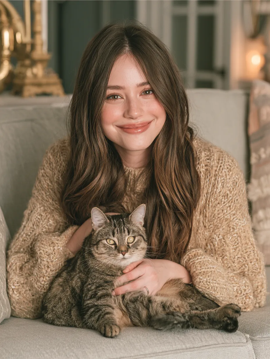 Woman in her twenties cuddling a tabby cat on a living room sofa